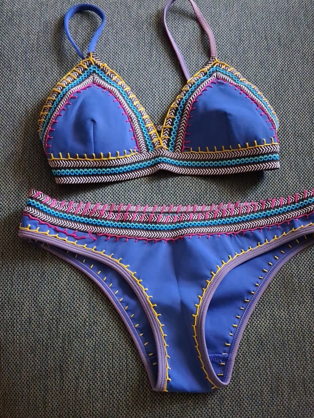 Blue Embroidered Two-Piece Bikini Set.   '